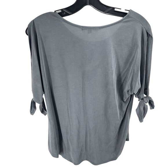 Green Envelope Women's Blouse Cold Shoulder Tie Sleeve Stretch Gray Size Small - Picture 9 of 9